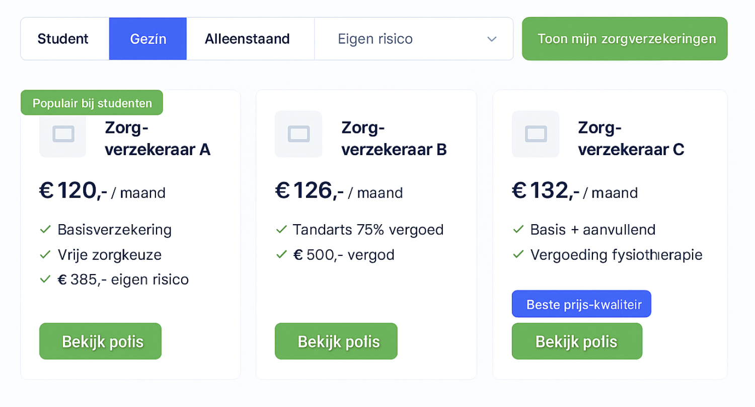 Voorbeeld van zorgverzekering vergelijker met premies en opties – tijdelijke widget van Zorgvergelijker.nl