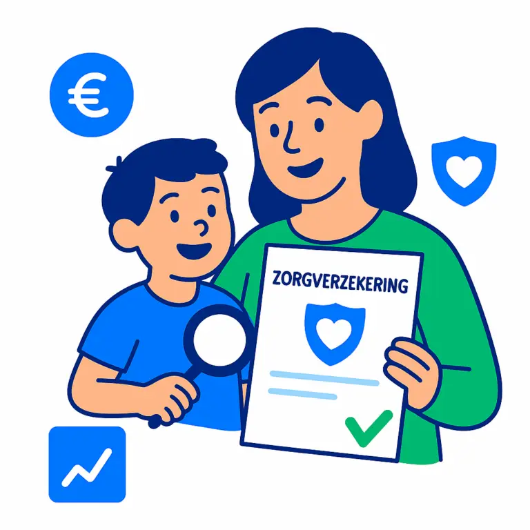 Illustratie van een moeder en kind die samen zorgverzekeringen voor gezinnen in 2026 vergelijken in Nederland.