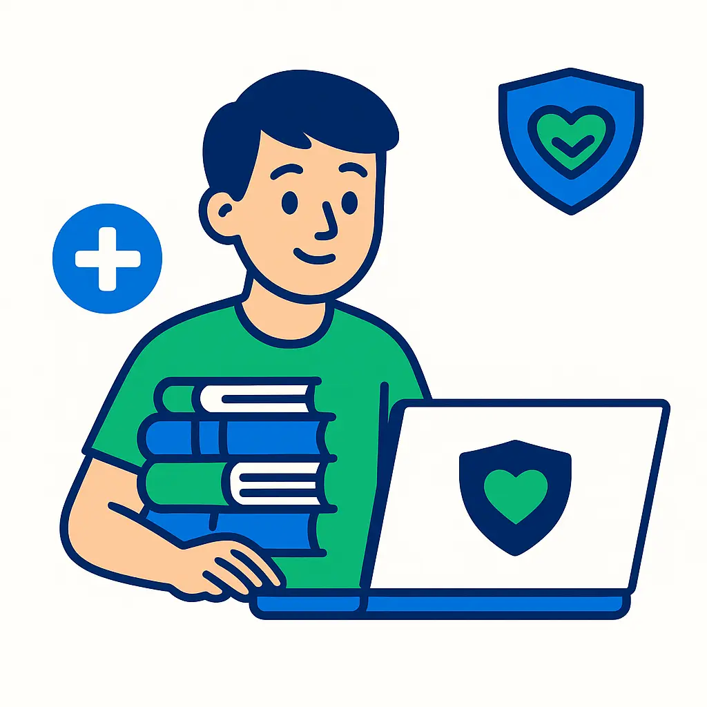 Illustratie van een student die zijn zorgverzekering vergelijkt op laptop via Zorgvergelijker.nl – zorgverzekering 2026 voor studenten.