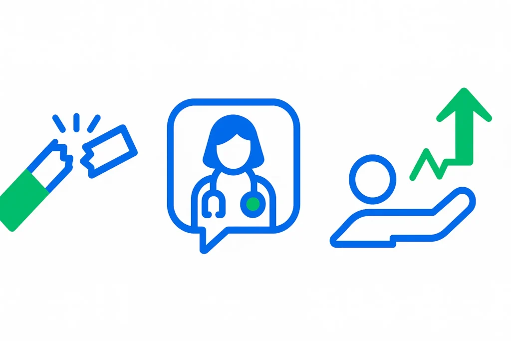 Drie pictogrammen voor wijzigingen in het basispakket 2026: stoppen met roken, meekijkconsult en oefentherapie