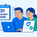 Illustratie van een stel dat online overstapt naar een nieuwe zorgverzekering voor 2026.