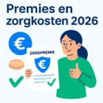Illustratie van een persoon die een zorgpremiedocument toont met een euroteken en groene vinkjes — symbool voor uitleg over zorgpremie en zorgkosten 2026.