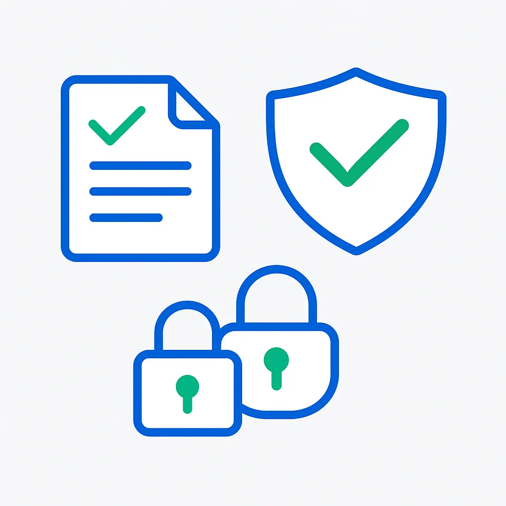 Illustratie met een document, schild en slot als symbool voor vertrouwen, privacy en transparantie bij zorgverzekering vergelijken in Nederland.